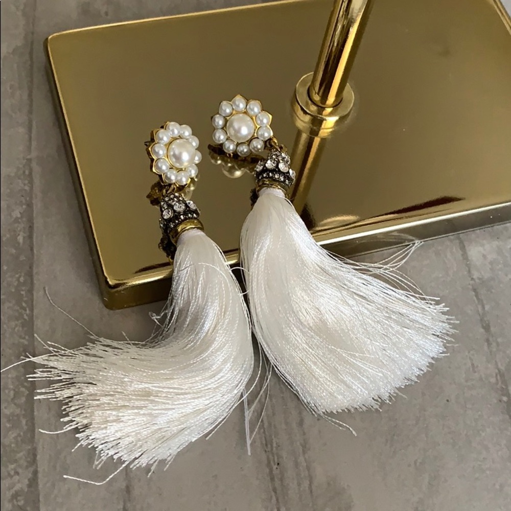 Olive + Piper white tassel and pearl earrings
